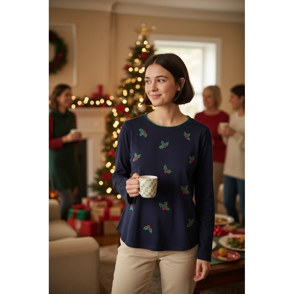 Talbots Tee Christmas Petite PXL Navy Blue Holly Embroidered Long Sleeve festive